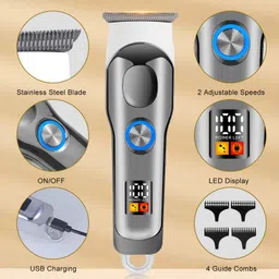 Solimpia Ht-6030 Men'S Digital Display Dual Motor Power 0Mm Professional Cordless Hair Clipper Cutter Wireless Hair Grooming Set Beard Trimming Styling Li-Ion Battery 1000Mah 90 Min Runtime, Silver image 2