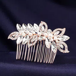 Yellow Chimes Women Rose Gold & White Stone Studded Comb Pin-image-85