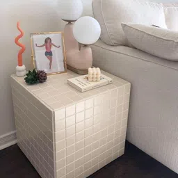 device bas with brown art shoppee Tiled Cube Accent Bedside Table Coffee Stand Home Storage Organizer For Living Room Bedroom (White, Engineered Wood) image 3