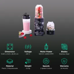 WONDERCHEF Nutri-blend 500 Watt 3 Jars Mixer Grinder Blender (22000 RPM, Copper Motor, Black) image 3