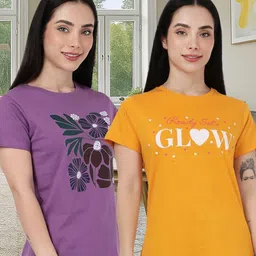 Kryptic Women Pack of 2 Printed Relaxed Fit Cotton Lounge T-Shirts image 3