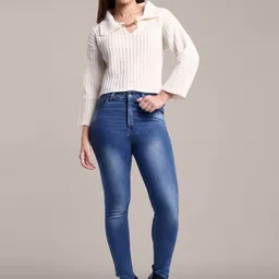 iki chic Women Woollen Open Knit Crop Pullover with Embellished Detail-picture-33