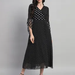 Curvydrobe Polka Dot Print Slit Sleeve Georgette A-Line Midi Dress-picture-12