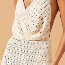 LULU & SKY Women Halter Neck Self Design Crochet Backless A-Line Mini Dress image 4