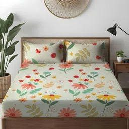 WEAVE AND DECOR Cream-Coloured & Olive Green Floral 300 TC King Bedsheet with 2 Pillow Covers-picture-29