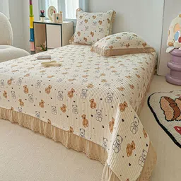 JC HOME Cream-Colored & Brown Printed 162 TC Double Superking Bed Cover With Pillow Covers image 5