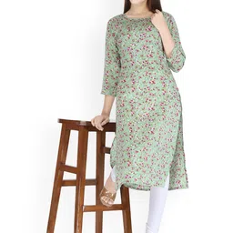Neelokurti Women Floral Printed Round Neck Flared Sleeves Thread Work Crepe Kurta image 2