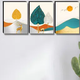 Aura Beige & Grey 3 Pieces Wooden Tree & Deer Wall Paintings image 2