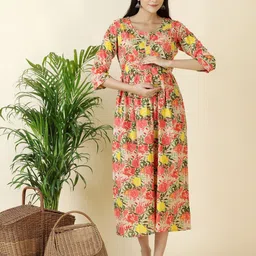 Pakiza Enterprises Women Floral Printed Gathered Cotton Maternity Fit & Flare Midi Dress-image-10