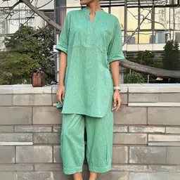 KALINI Mandarin Collar Pure Cotton Straight Tunic With Trousers-picture-14