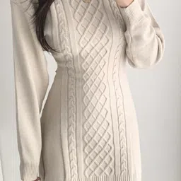 DressBerry Women Self Design Cable Knit Round Neck Long Sleeves Longline Jumper Sweater image 5