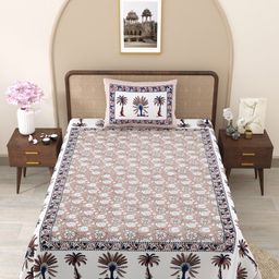 Myntra Elegant Homes Brown & White Floral 210 TC Single Bedsheet with 1 Pillow Covers-picture-40