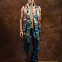 Exotic India Art Silk Ready to Wear Dhoti and Veshti Set with Woven Golden Border-picture-24
