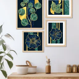 ArtVibes Blue & Green 4 Pieces Leaf Printed Wooden Wall Art image 1