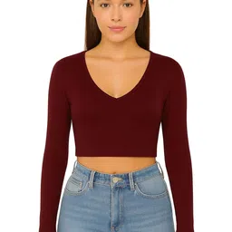PUERY Women V-Neck Long Sleeves Cotton Fitted Crop Top-picture-21