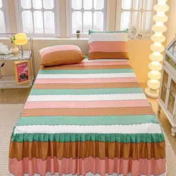 JC HOME White & Green Striped 150 TC Fitted King Bedsheet with 2 Pillow Covers-picture-25