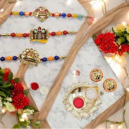 MEIRA JEWELLERY 3-Pcs Kundan Studded Thread Rakhi With Greeting Card & Roli Chawal-picture-32