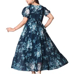 QENA Floral Printed Puff Sleeves Georgette Fit & Flare Maxi Dress image 3