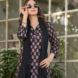 Anouk Floral Printed V-Neck Kurta With Trousers And Dupatta image 3