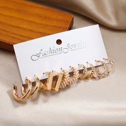 TheVineGirl Set of 5 Gold Plated Pearls Beaded Geometric Hoop Earrings image 2