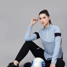 jump usa Women Solid High Neck Polyester Blue T-Shirt image 1