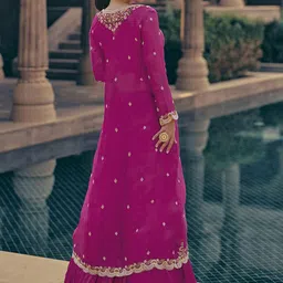 Trendmalls Ethnic Art Silk Embroidery Crop Top With Flared Pleated Palazzo & Shrug Set image 3