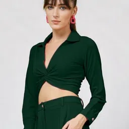 Roadster Women Solid Shirt Collar Twisted Blouson Crop Top image 2