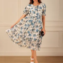 KASHIAN Women Floral Printed Round Neck Puff Sleeve Georgette Fit & Flare Midi Dress-picture-30