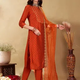 Anouk Rust Ethnic Motifs Printed Zari Straight Kurta With Trousers & Dupatta image 3