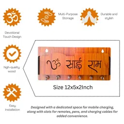 Sushobhat traders Brown Om Sai Ram Engraved Wooden & Metal 6 Hooks Key Holders image 5