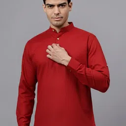 DEVA Traditional Woven Design Mandarin Collar Roll Up Sleeves Straight Cotton Kurta-image-15