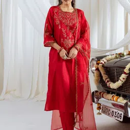 Sangria Floral Embroidered Sequinned Straight Kurta With Trousers & Dupatta-picture-16