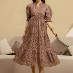 NG FASHION Women Ethnic Motifs Printed Puff Sleeves Cotton Fit & Flare Midi Dress-picture-13