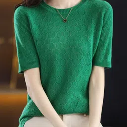 StyleCast Women Open Knit Self Design Short Sleeves Pullover-image-72