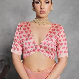 HERE&NOW Floral Printed Silk Cotton Tussar Saree With Blouse Piece image 3