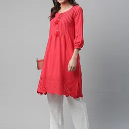 Biba Women Red Solid A-Line Kurta With Schiffli Detailing image 3