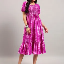 Raiyani Fashion Abstract Printed Square Neck Puff Sleeves Fit And Flare Tiered Midi Dress-picture-37