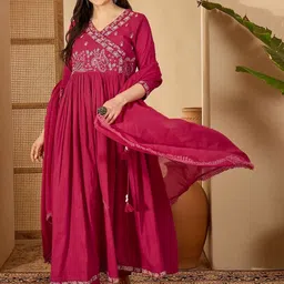 anouk mirage Anouk Women Ethnic Motifs Embroidered Angrakha Thread Work Pure Cotton Kurta with Trousers & With Dupatta-picture-12