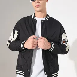 SHOWOFF Men Typography Black Mandarin Collar Varsity Jacket-picture-15
