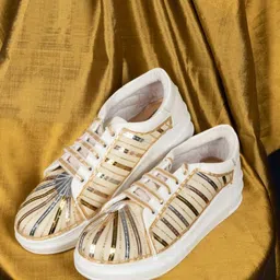 The Saree Sneakers Gold Strip Design Lace-Up Sneakers With Western - Embellished-image-4