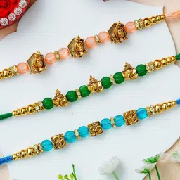eCraftIndia Set of 3 Artfificial Beaded Om Ganesha Krishna Rakhi With Roli Chawal-picture-14