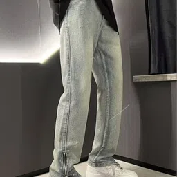 KPOP Men Regular Fit Mid-Rise Low Distress Heavy Fade Jeans image 3