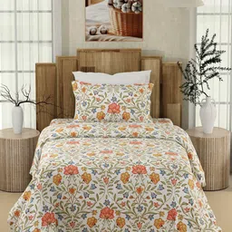 color sense Layers White & Green Floral 200 TC Single Bedsheet with 1 Pillow Covers-picture-29
