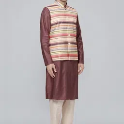 Ethnix by Raymond Men Striped Mandarin Collar Neck Nehru Jackets image 4