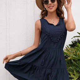 Outzidr Women Navy Blue Solid Sleeveless Mini Casual Dress-image-27