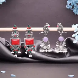 Sangria Set Of 2 Silver-Plated Artificial Stone Studded & Beaded Drop Earrings-picture-27