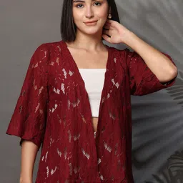 UnaOne Self Design Embroidered Front Open Shrug With Fringes-picture-30