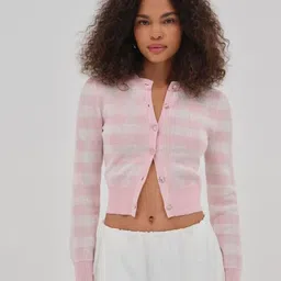 LULU & SKY Women Round Neck Checked Long Sleeves Crop Cardigan image 1