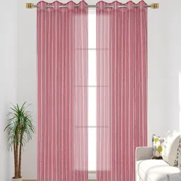 Aura Maroon Set of 2 Striped Sheer Window Curtain-image-61