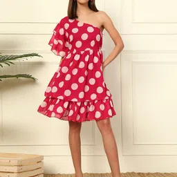 DEEBACO Polka Dot Print One Shoulder Bell Sleeve Georgette Fit & Flare Dress-picture-32